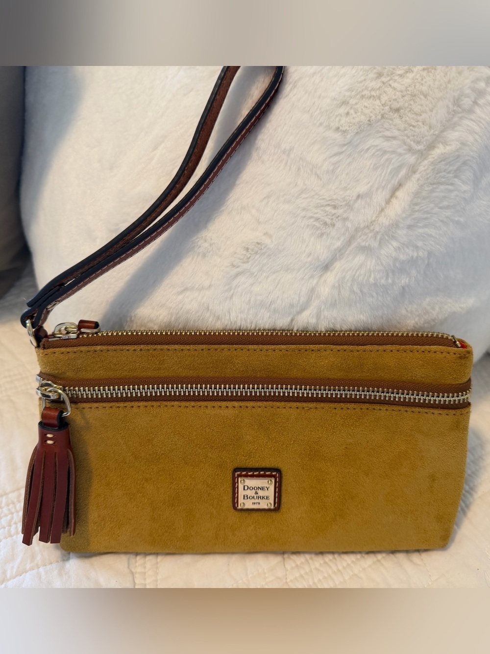 Dooney & Bourke Mustard Suede Double Zip Clutch Wristlet 9x5.5